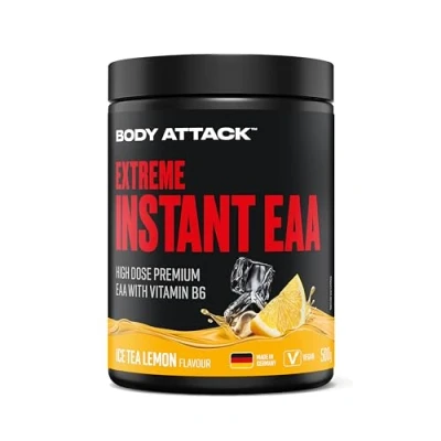 Abbildung von Body Attack Extreme Instant EAA Pulver Ice Tea Lemon, 500 g Vegan, Made in Germany 8 essentielle Aminosäuren für eine proteinreiche Ernährung &amp; intensives Training Ideale 2:1:1 Ratio