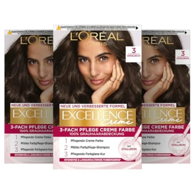Abbildung von L&#039;Oréal Paris Permanente Haarfarbe, 100% Grauhaarabdeckung, Haarfärbeset mit Coloration, Shampoo und 3 Fach Pflege Creme Farbe, Excellence Creme, Dunkelbraun, x 268 g