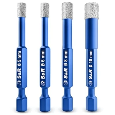 Abbildung von S&amp;R Professional Diamantbohrer, Fliesenbohrer, Glasbohrer Set 4 tlg 5, 6, 8, 10 mm, Sechskant Schaft, für Harte Keramik, Granit, Glas, Porzellan, Fliesen, Feinsteinzeug, Mauerwerk, Marmor, in Rundbox