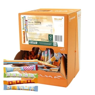 Abbildung von Hellma Feinzucker Sticks 500 Stk. je 4 g weißer Zucker 2 kg Vorrats Box Zuckertütchen einzeln, für Kaffee oder Tee