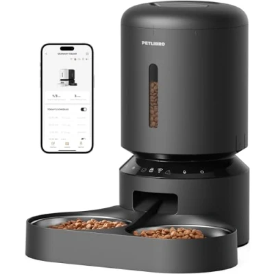 Abbildung von PETLIBRO 5G Wi Fi Futterautomat für 2 Katzen und Hunde mit APP, WLAN Haustierfutterspender, Automatische Katzenfutterspender Sensor niedrigen Futtermangel, 110 Mahlzeiten pro Tag, 5L,Schwarz