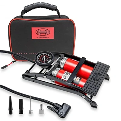 Abbildung von Heyner, hochwertige, doppelläufige Fuß Luftpumpe „Pedalmax“, mit Manometer, 10 Bar, 140PSI