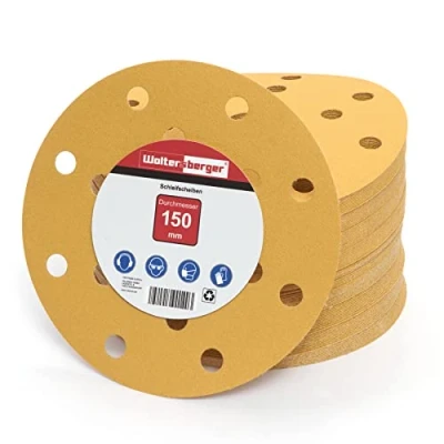 Abbildung von Woltersberger® 50 Stück Exzenter Schleifscheiben Ø 150mm Körnung P80 15 Loch in gold Schleifpapier für optimales schleifen, vielseitig einsetzbar