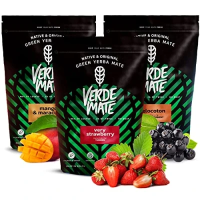 Abbildung von Fruchtiges Yerba Mate Set mit Früchten Verde Green Mango &amp; Maracuya, Melocoton, Very Strawberry Brasilianische grün Milder Geschmack 3x500g