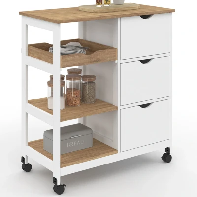 Abbildung von Küchenwagen MUNA 3 Körbe + 1 abnehmbares Tablett in Weiß und Bucheffekt B.76 cm IDMarket