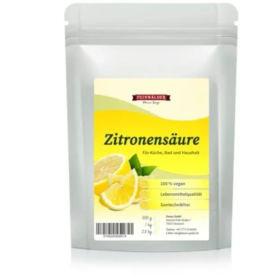 Abbildung von Feinwälder® Premium Zitronensäure Pulver 2,5 kg in Lebensmittelqualität (E330) für Küche und Haushalt/natürlicher Kalkentferner Reinigungsmittel/Limonaden, Fruchtsäfte zum Backen