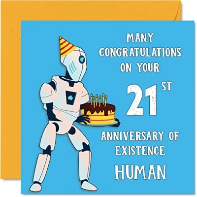 Abbildung von Lustige Geburtstagskarte zum 21. Geburtstag für Männer und Frauen Roboter Droide Sohn, Tochter, Bruder, Schwester, Enkel, Enkelin, Nichte, Neffe, Onkel, 145 mm x mm, Witz,