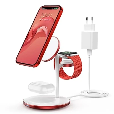 Abbildung von 3 in 1 Induktive Ladestation für mehrere Geräte,Kabellos Ladestation,15W Wireless Charger Kompatibel mit Mag Safe Ladegerät iPhone 15 14 13 12 Pro Max/Plus/Pro,iWatch Ultra/8/7/SE,AirPods Red