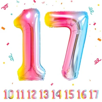 Abbildung von Geburtstag zahlen luftballon 17 jahre Regenbogen Folienballon XXL Riesen in 40&quot; 101cm Geburtstagsdeko Ballon Zahl Deko zum .Fliegt mit Helium