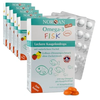 Abbildung von NORSAN Omega 3 FISK Jelly 45 hochdosiert 6er Pack (6x Jellys) / für Kinder (250 mg pro Kaugeleedrops) Öl mit EPA &amp; DHA/Tagesdosis Zitrone Erdbeer Geschmack 4 Kapseln