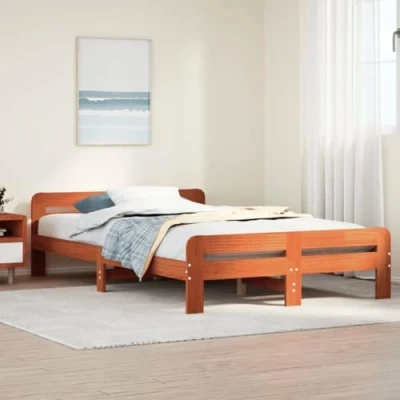 Abbildung von vidaXL Massivholzbett, Holzbett mit Kopfteil Fußteil Lattenrost, Doppelbett für Schlafzimmer, Bett Bettgestell, Wachsbraun 120x200cm Kiefernholz