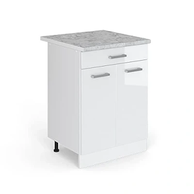 Abbildung von Vicco Küchenunterschrank R Line, Weiß Hochglanz/Weiß, 60 cm mit Schublade, AP Marmor