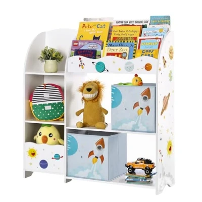 Abbildung von SONGMICS GKR42WT Aufbewahrungsregal für Spielzeug und Bücher, multifunktionales Aufbewahrungsmöbel mit 2 Schubladen aus Stoff, Spielzimmer, Kinderzimmer, Wohnzimmer, Planeten Motiv, Weiß