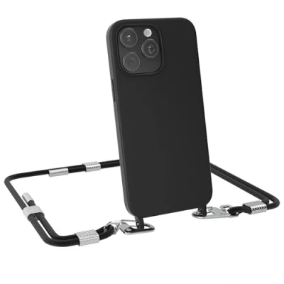Abbildung von EAZY CASE Handykette mit Karabiner kompatibel iPhone 15 Pro Max Hülle Silikon Fallschutz Handyhülle für Kette zum Umhängen Schutzhülle Mikrofaser in Schwarz Clips Gold