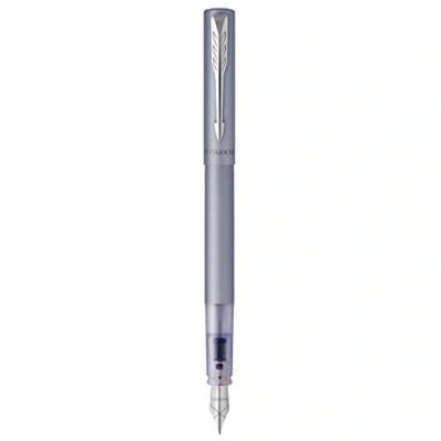 Abbildung von Parker Vector XL Füller Silberblaue Metallic Lackierung auf Messing Füllfederhalter mit feiner Feder und blauer Nachfülltinte Geschenkbox