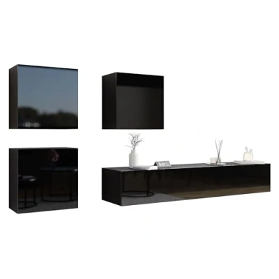 Abbildung von Wohnwand Vigo XXIII, Design Mediawand, Modernes Wohnzimmer Set, Anbauwand, Hängeschrank TV Lowboard, (Schwarz/Schwarz Hochglanz)