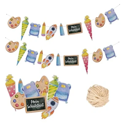 Abbildung von Papierdrachen 10m Girlande für die Einschulungsfeier Pastell Deko zum Basteln Jungen, Mädchen &amp; Erwachsene wunderschöne Einschulung Set 2