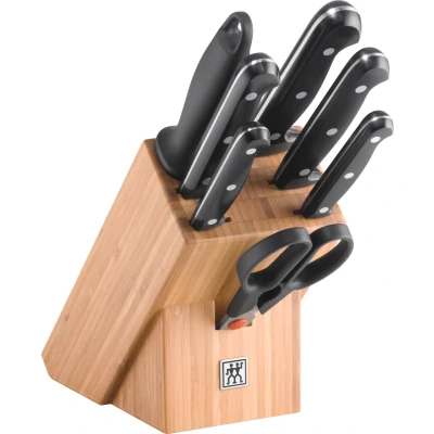 Abbildung von ZWILLING Twin Chef Messerblock, 8 teilig, Bambusblock, Messer, Wetzstab und Schere, Rostfreier Spezialstahl/Kunststoff Griff im Nietendesign, Schwarz