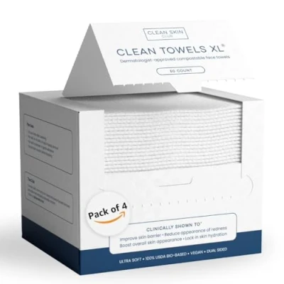 Abbildung von Clean Skin Club Towels XL, USDA zertifiziert, 100% biobasiert, von Dermatologen genehmigtes Gesichtstuch, trockene Einweg Makeup Entfernungstücher, Gesichtsreinigung (4er Pack)