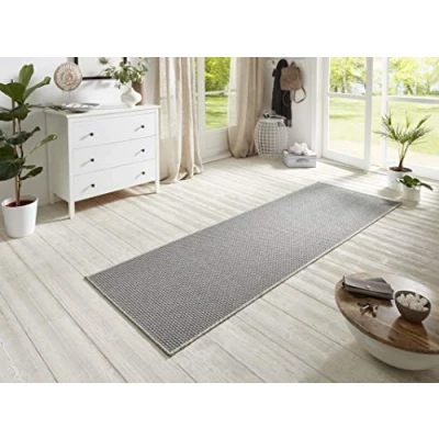 Abbildung von BT Carpet Nature Läufer In und Outdoor Schlingen Küchenläufer rutschfest Flachgewebe Kurzflor Woll Optik Fineloop Küchenteppich für Flur, Küche, Garten, Terrasse, Badezimmer Silber, 80x350cm