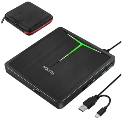 Abbildung von NOLYTH Externes DVD Laufwerk, CD Laufwerk Extern USB, Type C Externer CD/DVD RW Brenner mit SD/TF/2 USB Ports, Tragbar für Laptop PC Mac MacBook Windows 11