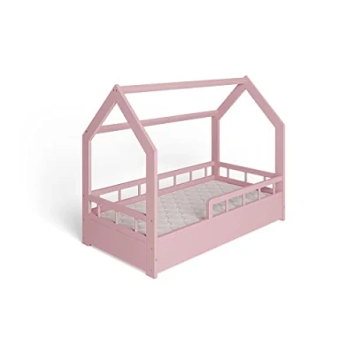 Abbildung von ms factory Hausbett Kinderbett 70x140 cm mit Rausfallschutz und Lattenrost Einzelbett aus Kiefernholz für Mädchen Junge Rosa