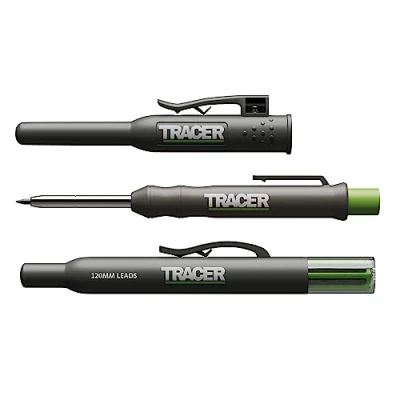 Abbildung von TRACER Tieflochmarker Bleistift mit 6x Ersatzminen und dazugehörigem Seitenhalter. Tischler Bleistift/Tiefenlochmarker