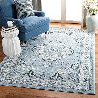 Abbildung von SAFAVIEH Traditionell Teppich für Wohnzimmer, Esszimmer, Schlafzimmer Isabella Collection, Kurzer Flor, Hellblau und Creme, 160 X 229 cm