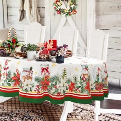 Abbildung von Ovale Weihnachtstischdecke, 152,4 x 213,3 cm, Weihnachtsstern, Schneeflocke, Urlaubsdekoration, Tischdecke, Polyester, wasserdicht, knitterfrei, langlebig, Weihnachtstischdecke für Küche, Winter und