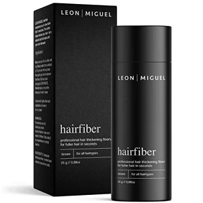 Abbildung von LEON MIGUEL Hair Fiber Streuhaar Premium Haarverdichtung/Schütthaar mit Soforteffekt bei Geheimratsecken, Haarausfall und lichtem Haar Haarpuder 25g (Braun)
