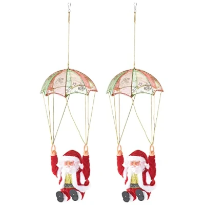 Abbildung von infactory Dekorationen Weihnachten: 2er Set Singender Weihnachtsmann Santa Sky mit Fallschirm (Santa Claus Figuren, Lustiger Nikolaus, weihnachtsmänne)