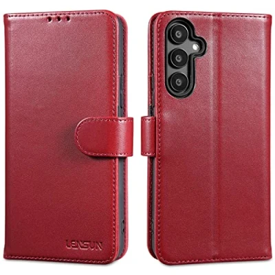 Abbildung von LENSUN Hülle Echtleder für Samsung Galaxy A54, Handyhülle [Echtes Leder][Magnetverschluss][RFID Blocking] Handytasche Lederhülle Schutz A54 5G Weinrot