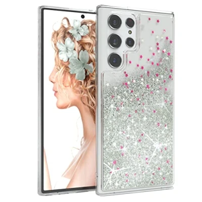 Abbildung von EAZY CASE Hülle kompatibel mit Samsung Galaxy S22 Ultra Schutzhülle Flüssig Glitzer, Handyhülle, Schutzhülle, Cover Glitter Flüssigkeit, TPU/Silikon, Transparent/Durchsichtig, Silber