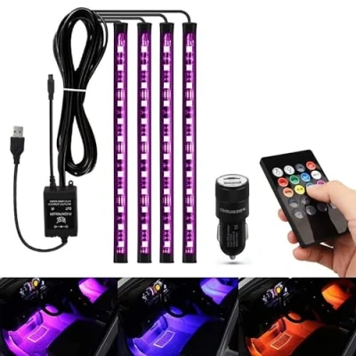 Abbildung von Auto LED Fußraumbeleuchtung, AIGUOZER Innenraumbeleuchtung Streifen RGB Fußraum Beleuchtung Ambientebeleuchtung Innenraum Strip Atmosphäre Licht mit USB Port und Fernbedienung