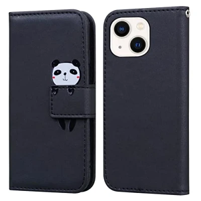 Abbildung von Bartern Handyhülle für Apple iPhone 13,iPhone 13 Hülle,Karikatur Panda PU Leder Klappbar Wallet Schutzhülle Tasche Klapphülle mit Magnetisch Kartenfach Standfunktion,Schwarz
