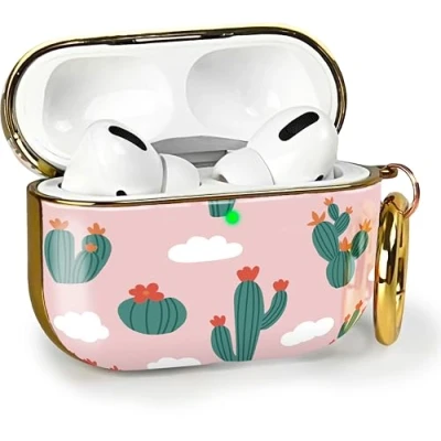 Abbildung von MyGadget Hardcase Hülle [ Kaktus Motiv ] kompatibel mit Apple AirPods Pro (1.Gen 2019) Qi Karabiner LED Licht sichtbar Rosa Grün