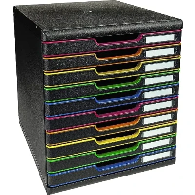 Abbildung von Exacompta 302914D Ablagebox Modulo mit 10 Schubladen für DIN A4+ Dokumente. Belastbare Schubladenbox hoher Kapazität mehr Platz auf dem Schreibtisch schwarz/bunt