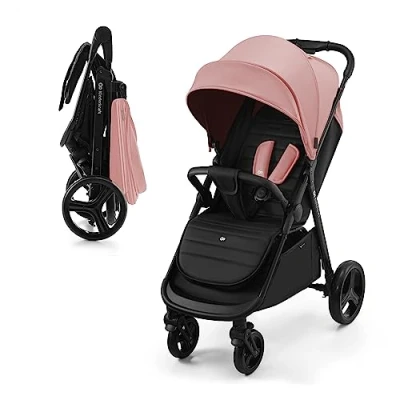 Abbildung von Kinderkraft RINE Buggy bis 22 kg, Kinderwagen, mit einer Hand zusammenklappbar, wasserfestes Verdeck UPF50+ Filter, liegende Position, Getränkehalter im set, Rosa