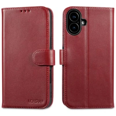 Abbildung von LENSUN Lederhülle für iPhone 16 Plus 5G, Echtleder Handyhülle [Magnetverschluss][Kartenfach][Stoßfest] Echt Leder Flip Hülle Handytasche Weinrot