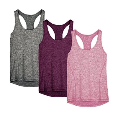 Abbildung von icyzone Damen Sporttop Yoga Tank Top Ringerrücken Oberteil Laufen Fitness Funktions Shirt, 3er Pack (S, Charcoal/Red Bud/Pink)