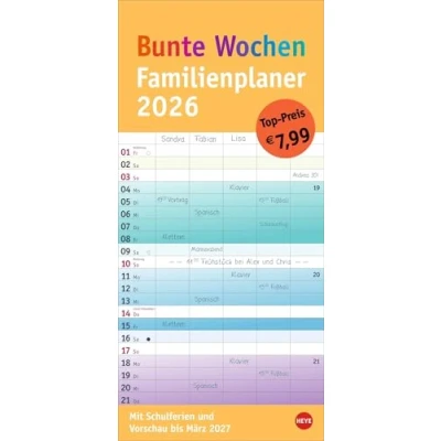 Abbildung von Bunte Wochen Familienplaner 2026: Praktischer Wandplaner mit 5 Spalten. Familien Wandkalender Schulferien und 3 Monats Ausblick aufs Folgejahr. Terminkalender 2026. (Bunte Planer Heye)