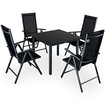Abbildung von Casaria® Gartenmöbel Set 4 Stühle mit Tisch 90x90cm Aluminium Sicherheitsglas Wetterfest Klappbar Modern Terrasse Balkon Möbel Sitzgruppe Garnitur Bern