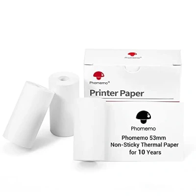 Abbildung von Phomemo 53mm nicht klebendes weißes Thermopapier für T02/M02/M02 Pro/M02S/M02X/M02L/M03/M03AS/M04S/M04AS/M832/M833/M834/M835, x 6.5m, Aufkleber, Texte, Studiennotizen, 3 Rollen