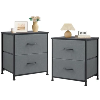 Abbildung von Sweetcrispy Nachttisch 2er Set, Beistelltisch, Stoff Schubladenschrank, Schmal Schrank, Kommode Schlafzimmer, Industrial Stil für Wohnzimmer, Kinderzimmer, Flur Aufbewahrungsschrank, Grau