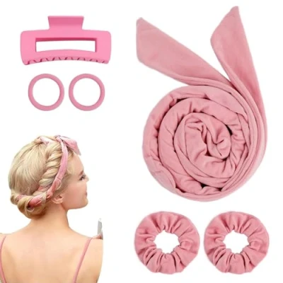 Abbildung von Lockenwickler Locken Ohne Hitze,Heatless Hair Curler Band,Lockenwickler Große Locken,New Lockenschwamm Lockenwickler, DIY Haare Hitze Frisurenset für Langes Mittleres Haar(Pink)