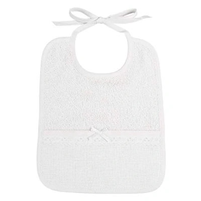 Abbildung von Filet Rechteckiges Lätzchen mit Aida Tasche zum Besticken, aus Baumwollfrottee in der Farbe Rosa, Sangallo Spitze, Ideal für Neugeborene, 100% Made Italy, Weiß