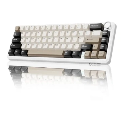 Abbildung von MAMBASNAKE X Attack Shark X66 65% Kabellose Mechanische Tastatur mit Drehknopf, 66 Tasten Dichtung Hot Swap RGB Gaming 60%, BT/2,4G/USB C, Linearschalter, PBT Tastenkappen Weißer Käse