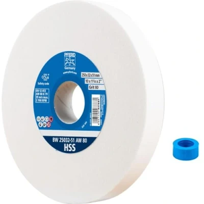 Abbildung von PFERD Schleifbockscheibe HSS, 250x32x51mm, A80, 39009705 Mittelharte Schleifscheibe zum Schärfen von HSS Bohrern, mit Reduzierhülse (32mm)