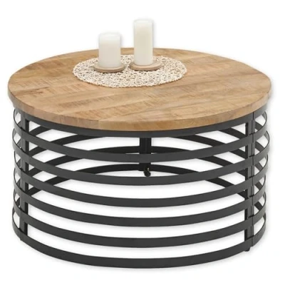 Abbildung von MARLY Couchtisch Massivholz Mango rund Außergewöhnlicher Sofatisch mit schwarzem Metallgestell 80 x 40 cm (B/H/T)