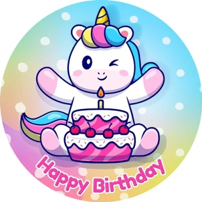 Abbildung von Tortenbild 20cm &quot;Happy Birthday Einhorn&quot; essbarer Tortenaufleger rund aus Premium Dekor Papier